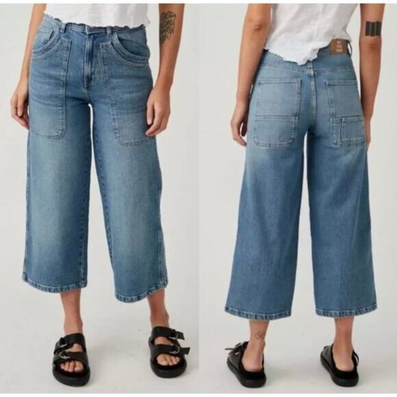 Free People Pants - We The Free Womens Jeans Blue Denim Piper Crop Wide Leg Stretch 27